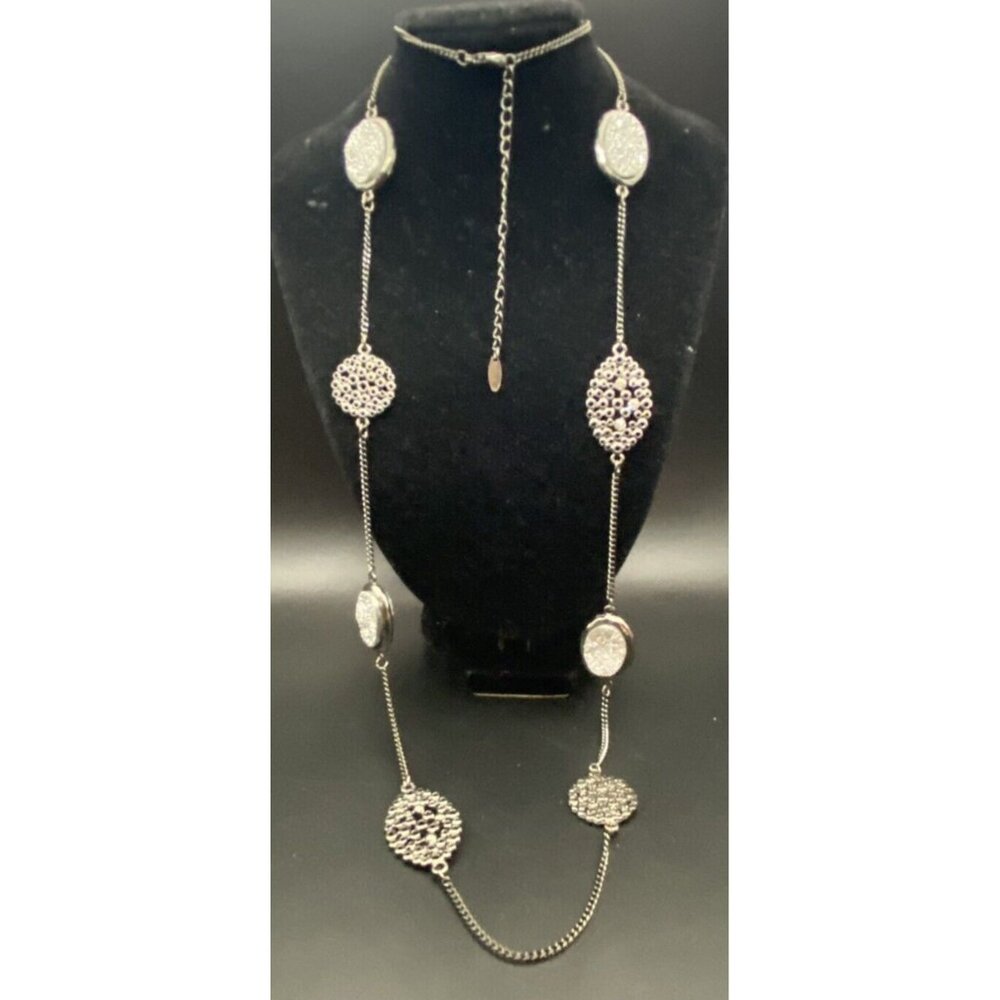 VCLM Gunmetal Chain Necklace Filigree Faux Sparkly Druzy Crystals 36+3" Station